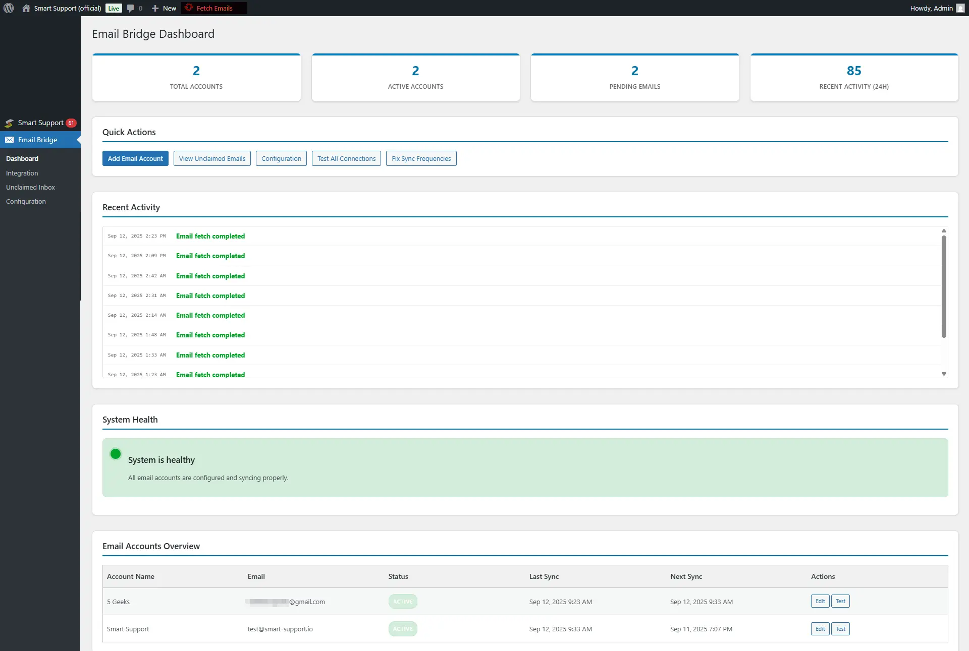 Email Bridge - Dashboard ‹ Smart Support