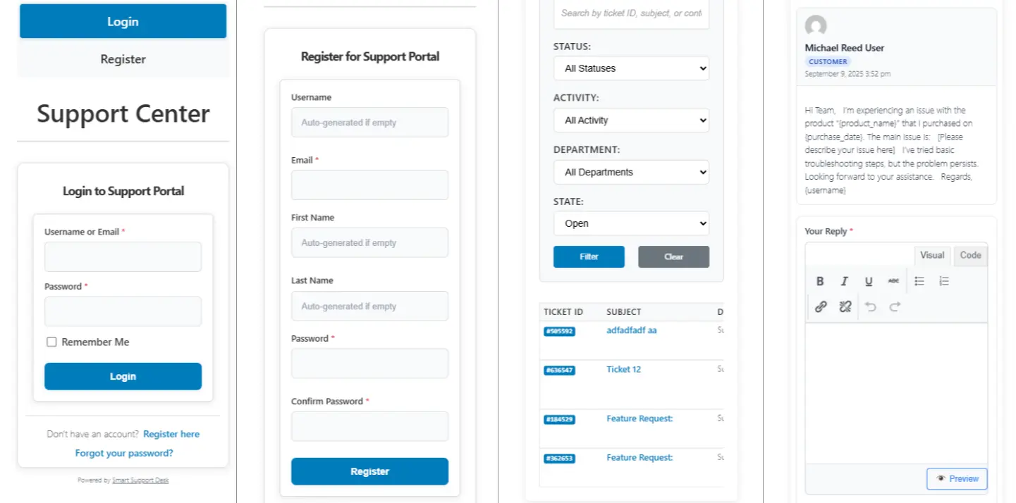 Smart Support front-end mobile preview showing login, registration, ticket filtering, and customer support reply interface.