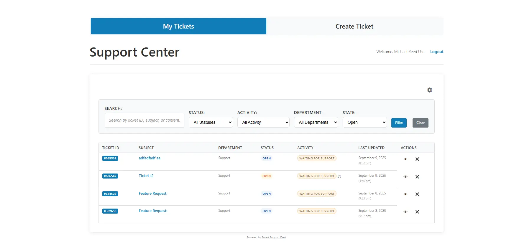 Smart Support front-end support portal showing ticket list, search, filters, ticket status, and customer support actions.